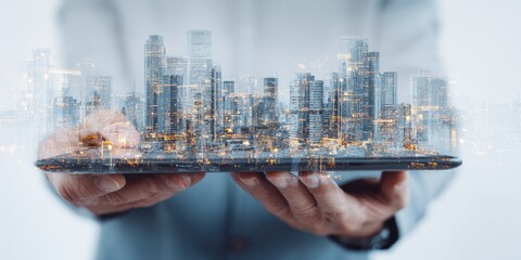 A cityscape hovers over a tablet