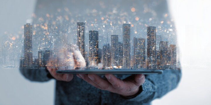 A person holds a tablet displaying a cityscape, digitally enhanced