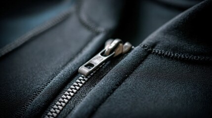 Close up of a sleek black wetsuit zipper, highlighting craftsmanship and durability for surfers.