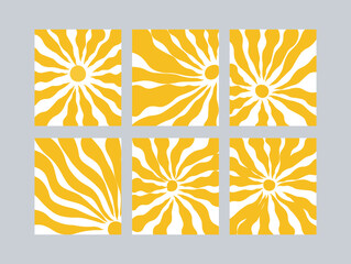  Collection of six abstract yellow sunburst pattern tiles with wavy radiating lines on a gray background. Bold, geometric vector designs evoking solar energy and retro style.