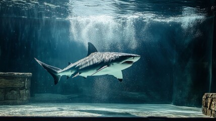 Fototapeta premium Conceptual photo of a shark bumping against the glass wall of a tank, limitation and confinement generative ai