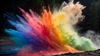 Vibrant Rainbow Powder Explosion Against Dark Forest Background A Stunning Display Of Color And Energy Captured In A Breathtaking Moment