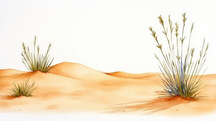 Obraz premium Serene landscape of sandy desert with small vegetation under clear sky and soft sunlight