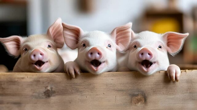 Adorable baby piglets peeking over wooden fence three cute farm animals with open mouths cheerful domestic livestock close up