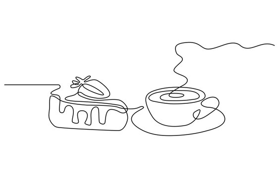 Piece of cake with strawberry and coffee drawn in one line style. Breakfast theme with linear pastry and coffee for logo and posters, simple sketch design. Vector