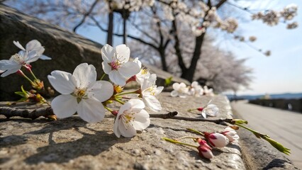 Delicate cherry blossoms fallen on stone, sunlight illuminating petals, soft spring breeze, tranquil scene, serene beauty, natures gentle touch, peaceful ambiance.