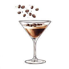 Espresso martini cocktail with falling coffee beans in a martini glass
