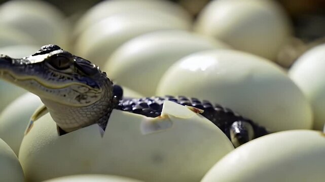 Baby alligator hatching from egg
