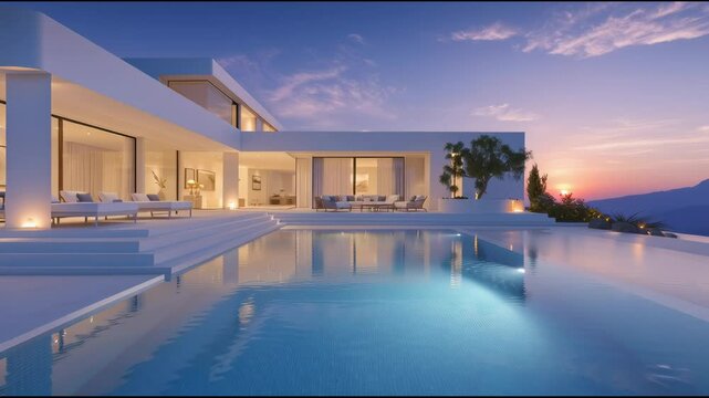 Minimalist white villa revealing sleek infinity pool overlooking dramatic mountain landscape with golden sunset lighting and contemporary outdoor furnishings