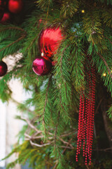 Festive pine tree decoration captured with a bokeh-filled background. Christmas background