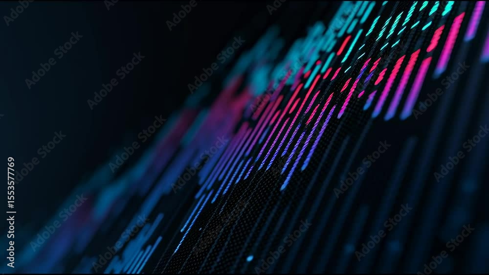 Poster digital information flows across a dark landscape, represented by glowing lines of varying heights a