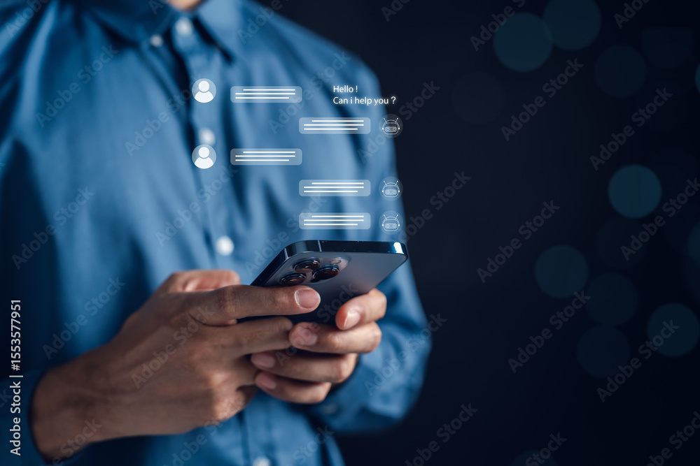Aufkleber Chat conversation user and AI chatbot on smartphone interface. Smart virtual assistant technology for customer service, automation, and real-time communication.