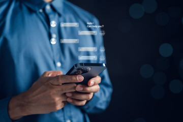 Chat conversation user and AI chatbot on smartphone interface. Smart virtual assistant technology...