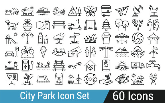 Comprehensive city park icon set featuring recreation nature and sustainability elements