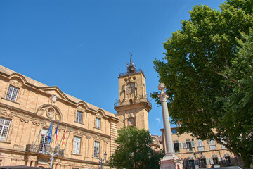 Front view of the Aix-en-Provence Town Hall Clock Tower highlighting Renaissance architecture and...