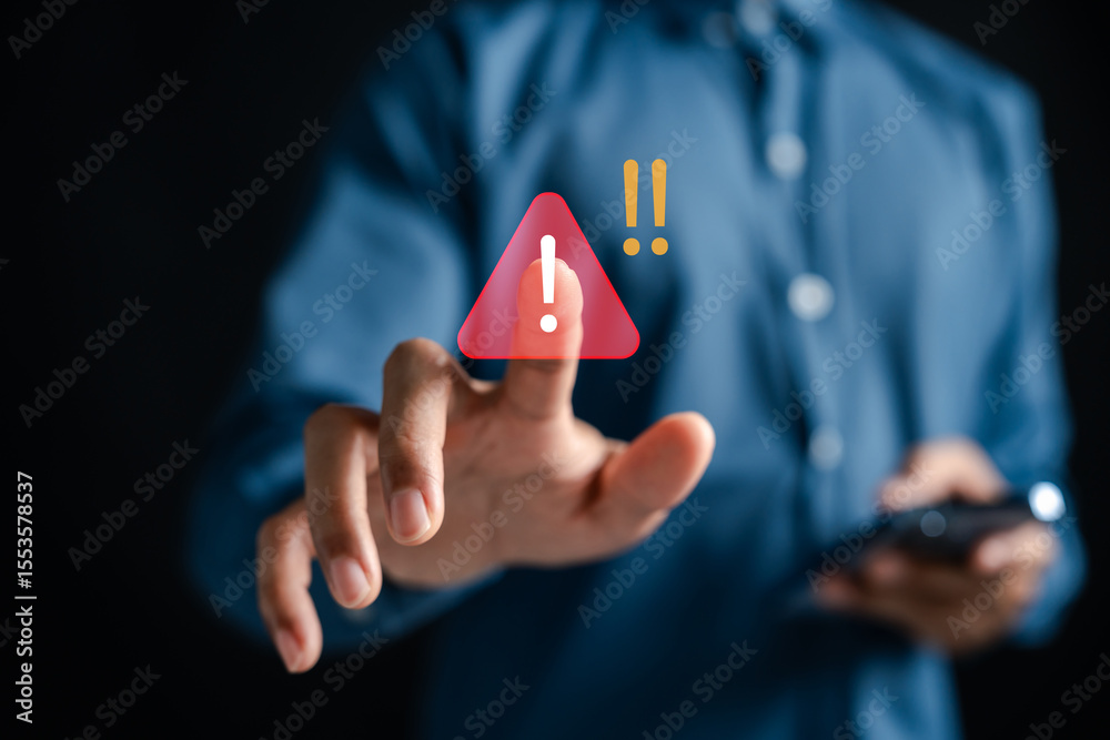 Poster Digital danger alert icon with warning popup on smartphone screen. Representing cybersecurity threat, system error, risk detection, emergency notification, and data protection warning.