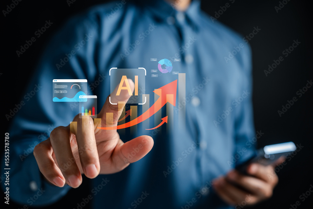 Poster artificial intelligence with financial data and upward arrow charts. ai-driven investment, financial