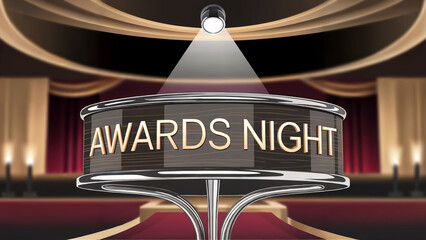 Spotlight on the awards night podium with red carpet and curtains