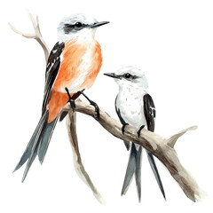 watercolor of A Mother Scissor-tailed Flycatcher With Her Kid, vector, isolated on a white background.