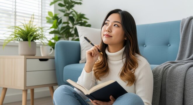 Eye-level shot of a young woman lost in contemplation, journaling or studying, embodying focus and creativity in a modern home setting.