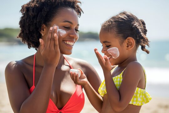 Mother and daughter applying sunscreen at the beach - Powered by Adobe