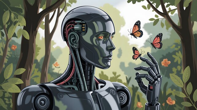 Hyperreal android marveling at butterflies in a forest setting


