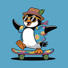 Cool Cartoon Penguin on Skateboard Summer Beach Style Animal Vector Illustration.