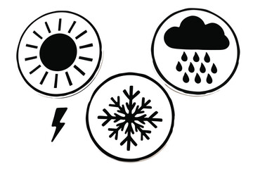 Fototapeta premium Minimalist Weather Symbols Set – Sun, Rain, Snow, and Thunderstorm Icons on Light Background
