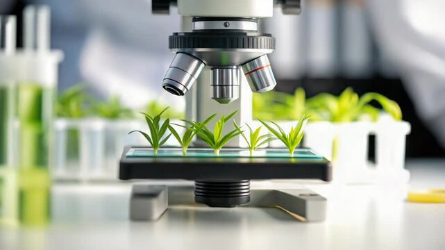 Scientist Analyzing Sustainable Materials in Laboratory Using Microscope to Research Plant Growth and Development for Environmental Preservation