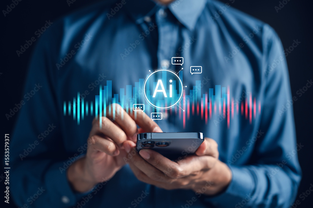 Aufkleber Voice AI assistant interface with soundwave and chatbot icon on smartphone. AI voice recognition, smart digital assistant, speech-to-text, and conversational technology for mobile devices.