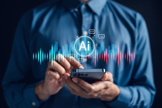 Voice AI assistant interface with soundwave and chatbot icon on smartphone. AI voice recognition, smart digital assistant, speech-to-text, and conversational technology for mobile devices.