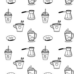 Coffee lovers black and white pattern with cups mugs donuts and cafe elements.
