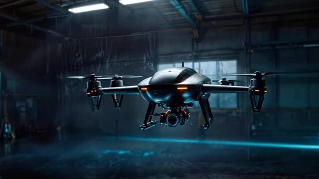 A futuristic drone hovering in a dimly lit room. The drone has four propellers and is equipped with advanced technology, including a glowing light and a sleek design.