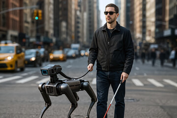 A visually impaired man navigates a city street with the assistance of a robotic guide dog, ensuring his safe and independent mobility.