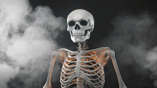Detailed human skeleton model with smoke and dark background for medical education or spooky themes