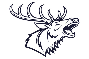 Illustration shows a stylized deer head in outline design with its mouth open bellowing