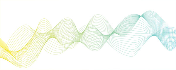 Abstract wave design with a series of flowing, overlapping sinusoidal curves in a gradient. Wave shapes undulate with deep green to bright dynamic gradient effect. rhythm, harmonious flowing motion.