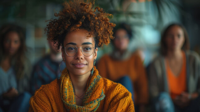 A confident young woman with dark curly hair, glasses, and a warm smile wears a vibrant orange sweater and scarf. The softly blurred group behind her suggests a cozy and supportive community environme