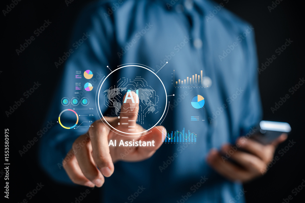 Aufkleber AI assistant interface with data analytics, charts, and graphs on digital screen. Representing artificial intelligence in investment, financial analysis, business insight, and smart technology.
