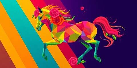 Geometric rainbow horse, vibrant roses, colorful mane & tail, sharp lines, stylish, equine
