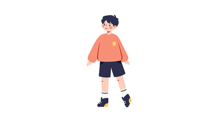 Boy standing on tiptoes isolated in orange sweatshirt and shorts  