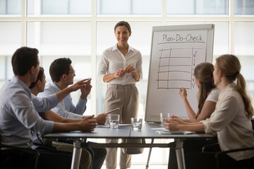 A confident businesswoman leads a team meeting, presenting a plandocheck strategy