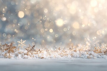 Festive winter background with golden snowflakes and bokeh lights