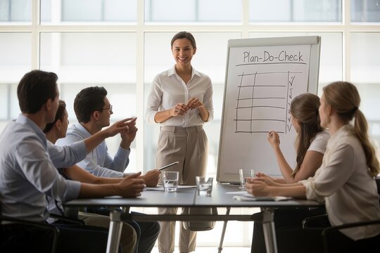 A confident businesswoman leads a team meeting, presenting a plandocheck strategy