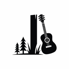 Guitar Leaning on Tree in Forest Camping and Nature Music Silhouette Vector.