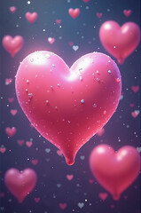 Heart with a drop of water on it is surrounded by many other hearts. Concept of love and affection