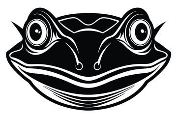 Cartoon green frog's head with yellow eyes smiles broadly on a white background