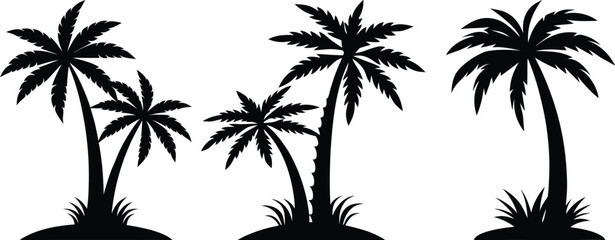 Vector Silhouettes of Tropical Palm Trees on Island Patches