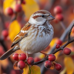 sparrow on a branch with berries