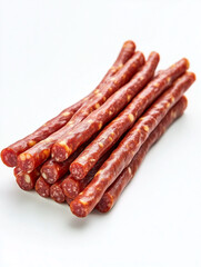 Pile of thin cured meat sticks with visible fat and spices on a white background